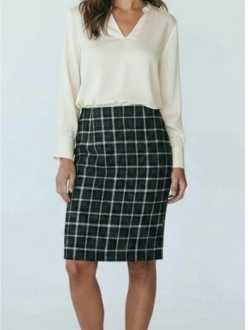 Ann Taylor Dark Green and Cream Windowpane Pencil Skirt